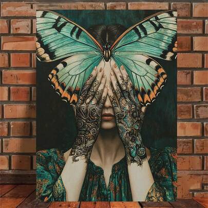 1pc Elegant Butterfly Girl Canvas Wall Art - Hand Drawn Tattoo Design, Traditional Decoration Home Office Corridor Decoration, Unique Gift Creativity, Butterfly Decoration, Exquisite Tattoo Patterns