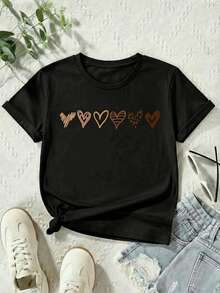 Camiseta Manga Corta para Mujer - Diseño Corazones con Estilos Variados, Estilo Dulce y Minimalista para Looks Versátiles - Negro - Ver 2