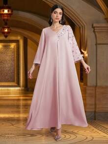 Vestido árabe elegante de manga larga con cuello en V, de unicolor y con cuentas hechas a mano, para primavera - Rosa Pálido - Ver 4