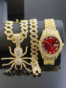 1 Set Bulldog Pendant Rhombus Cuban Chain Necklace & Bracelet, Men's Red Watch, Fashionable & Cool Men Accessories