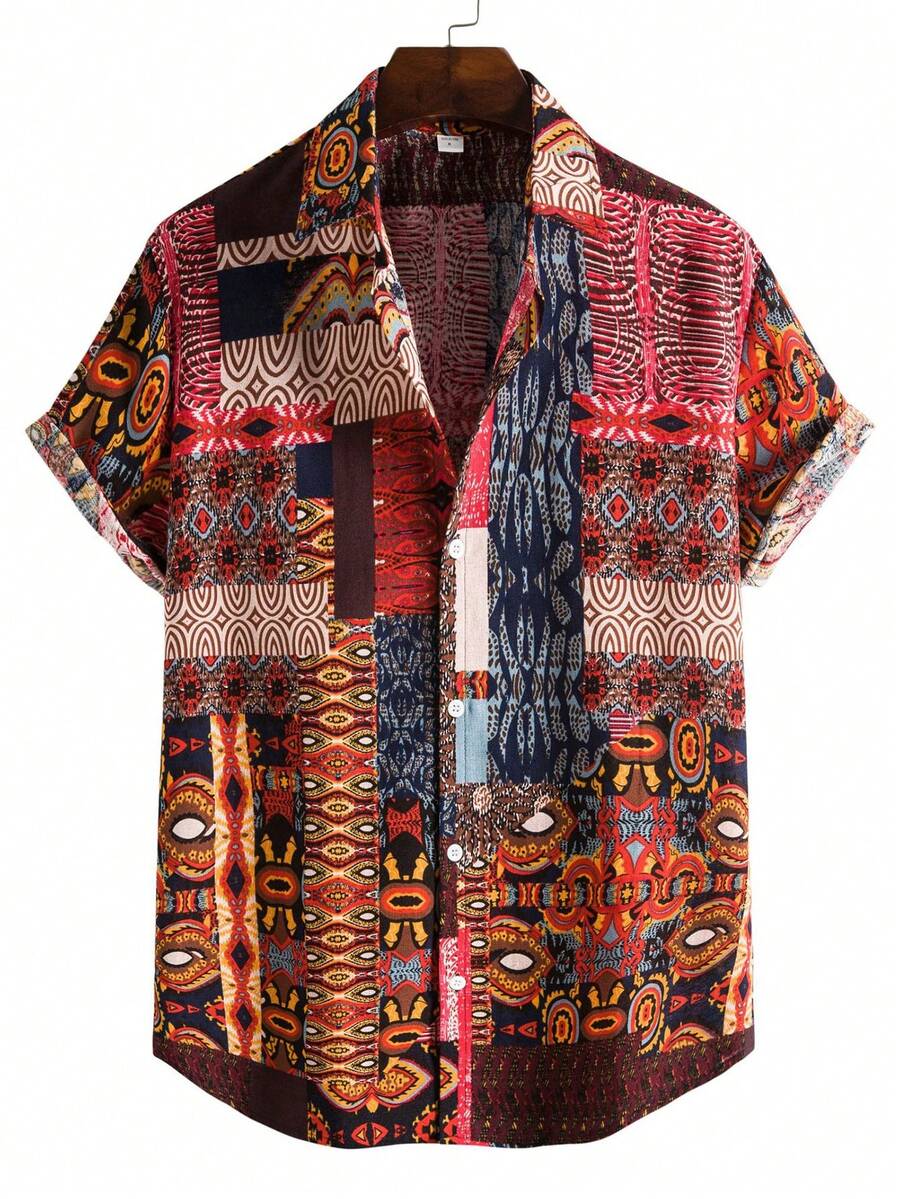 男士复古图案度假休闲短袖Polo衫，夏季 - 彩色 - 查看 1