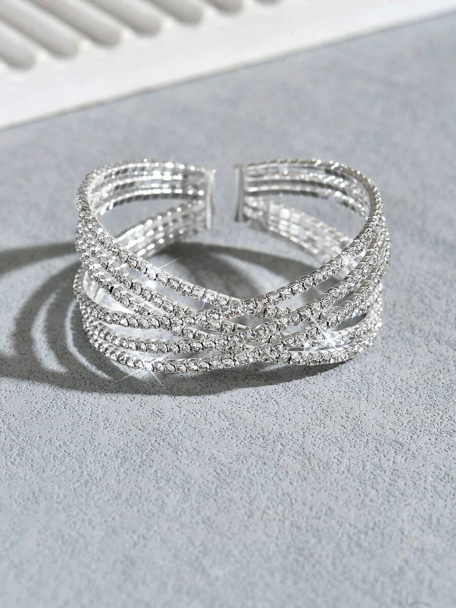 1pc Women's Luxurious Elegant Multi-Layer Crossed Rhinestone Bangle, Suitable For Daily Wear And Parties - Silver - View 1