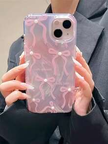 Funda de teléfono de moda con elemento de lazo rosa, funda de teléfono a prueba de golpes con perlas falsas compatible con Apple 17 Air 16/15 Pro Max 15 Pro 15 15 Plus 14 Pro Max 14 Pro 14 Plus 14 13 Pro Max 13 Pro 13 12 Pro Max 12 Pro 12 11 Pro Max 11 y otros teléfonos de mujer, regalo de primavera para el Día de la Mujer - transparente - Ver 5