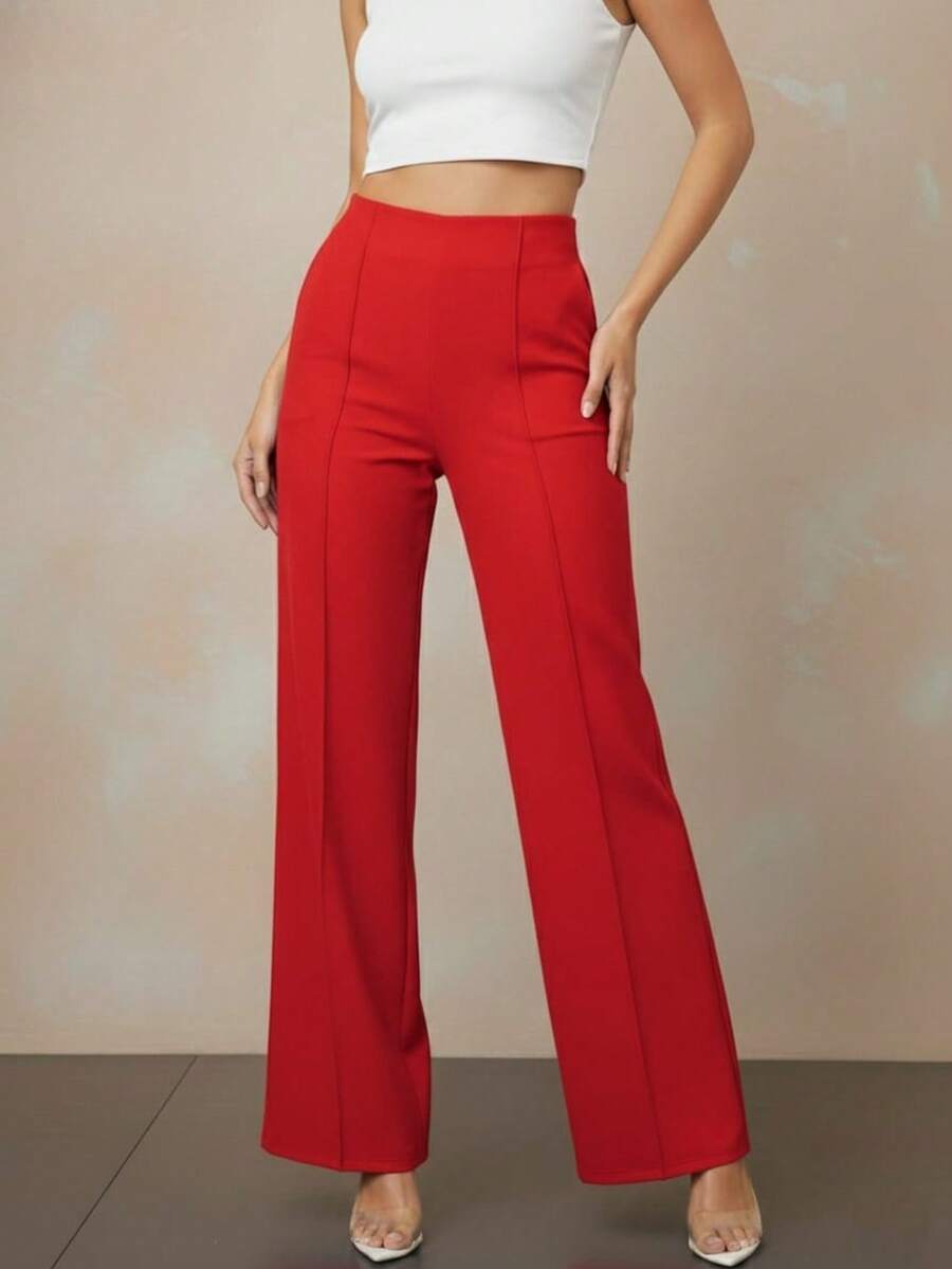 Pantalón cintura alta mujer dama estilo formal vestir minimalista elegante ideal oficina uso cotidiano versátil cómodo apto todas las estaciones fiesta evento cena salida - Rojo - Ver 1