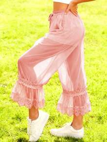 Women Long Bloomer Pants Lace Patchwork Drawstring Elastic Waist Victorian Capri Pants Lounge Pettipants - trái cam - Xem 2