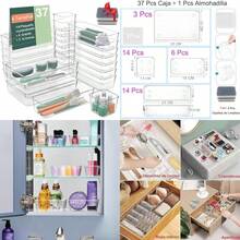 Juego de 37 Organizadores de Cajones de Plástico Transparente + 2 Cepillos de Limpieza - para Tocador de Baño, Maquillaje, Dormitorio, Gadgets de Cocina, Oficina (37 piezas)(default) - Multicolor - Ver 2