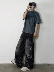 1pc Men's Street Casual Loose Fit Jeans, Patchwork Embroidery Distressed Wash Wide Leg Pants (Belt And Accessories Not Included) - Black - View 5