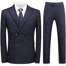 KUDORO Mens Suits 3 Piece Suit Double Breasted Pinstripe Suit Formal Wedding Tuxedo SuitChristmas 205A - 深灰色 - 查看 7