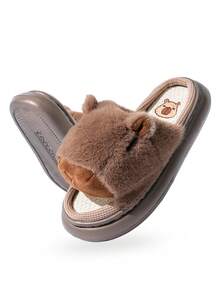 女士可爱水豚图案毛绒家居拖鞋，EVA材质，锈棕色 - 鏽棕色 - 查看 5