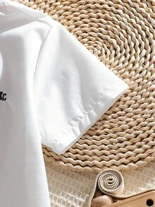 Tween Boy Letter Print Short Sleeve Single-Breasted Casual Shirt, Summer - White - View 4