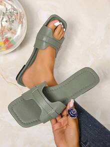 Ximi Ruo New Spring/Summer Fashion Casual Strap Slide Sandals, Comfortable Flat Heel Round Toe Beach Slippers, Holiday Essential - Olive Green - View 5
