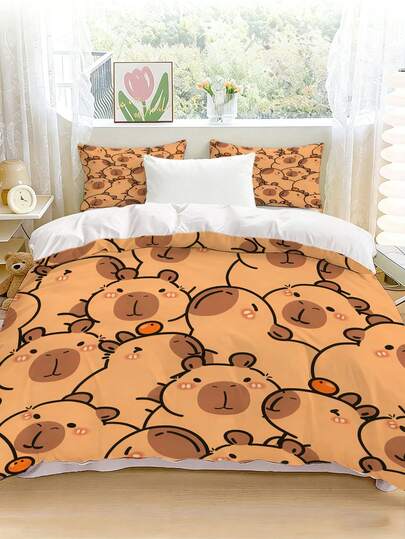 3pcs Charming Cute Capybara Cartoon Pattern Duvet Cover Set (1*Duvet Cover + 2*Pillowcase, Without Core), Soft & Skin-Friendly, Soothing Visual Fatigue,Suitable For All Seasons, Zipper Closure, Suitable For Hotel, Bedroom, Guest Room And Dormitory Decoration Bedding, And Easy Care,Chic, Lightweight, Breathable, And Easy Care,Fashion Modern Simple