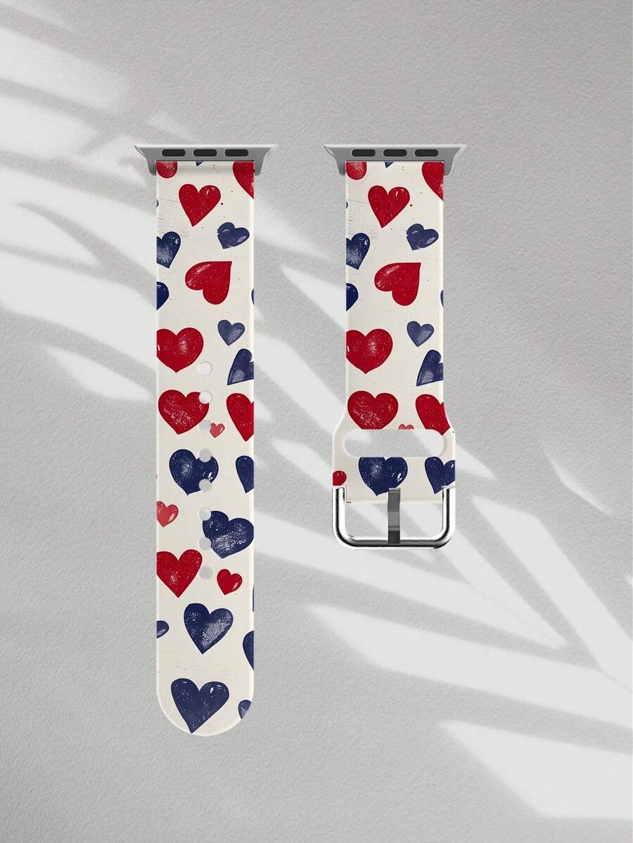 1pc Red & Blue Heart-Shaped Soft, Elastic, Breathable Replacement Wristband Strap For Apple Watch 38mm 40mm 41mm 45mm 44mm 42mm 49mm, Fashionable Casual Multi-Color Silicone Watch Band Compatible With Apple Watch Ultra, Series 10/SE/9/8/7/6/5/4/3/2/1 - Multicolor - View 1