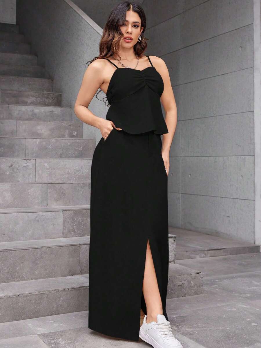 REF: AS1448 Women's Two-Piece Suit, High-Waisted Skirt And Suspender Top With Adjustable Straps, Chic, Elegant And Modern Style, Casual And Sophisticated Look For Spring And Summer, Vibrant Colors, Elegant Women's Suit For Modern Women - 黑色 - 查看 1