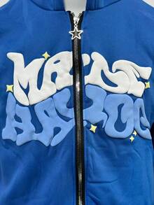 Y2K Retro Star And Letter Printed Zipper Hoodies,Spring Autumn Harajuku Y2K Women And Men Fashion Hip Hop Long Sleeve Hooded ,Avant-Garde - Street Casual Spring/Fall Loose Zipper Pocket Patched,Autumn And Winter Gothic Coat - 藍色 - 查看 4