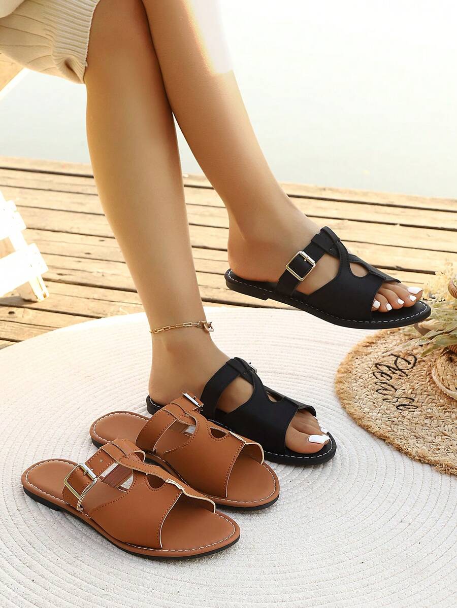 Sandal đế bằng buộc dây kiểu dáng thường ngày, thoáng mát, cao cấp dành cho nữ, thích hợp cho kỳ nghỉ hè. - màu đen - Xem 1