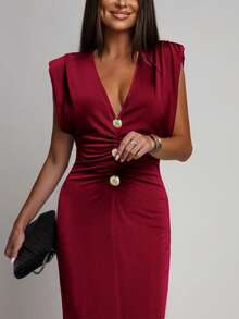 Elegant Solid Color Sleeveless Ruffle Trim Tie Waist Button Maxi Dress, Perfect For Wedding Party Summer - Red - View 3