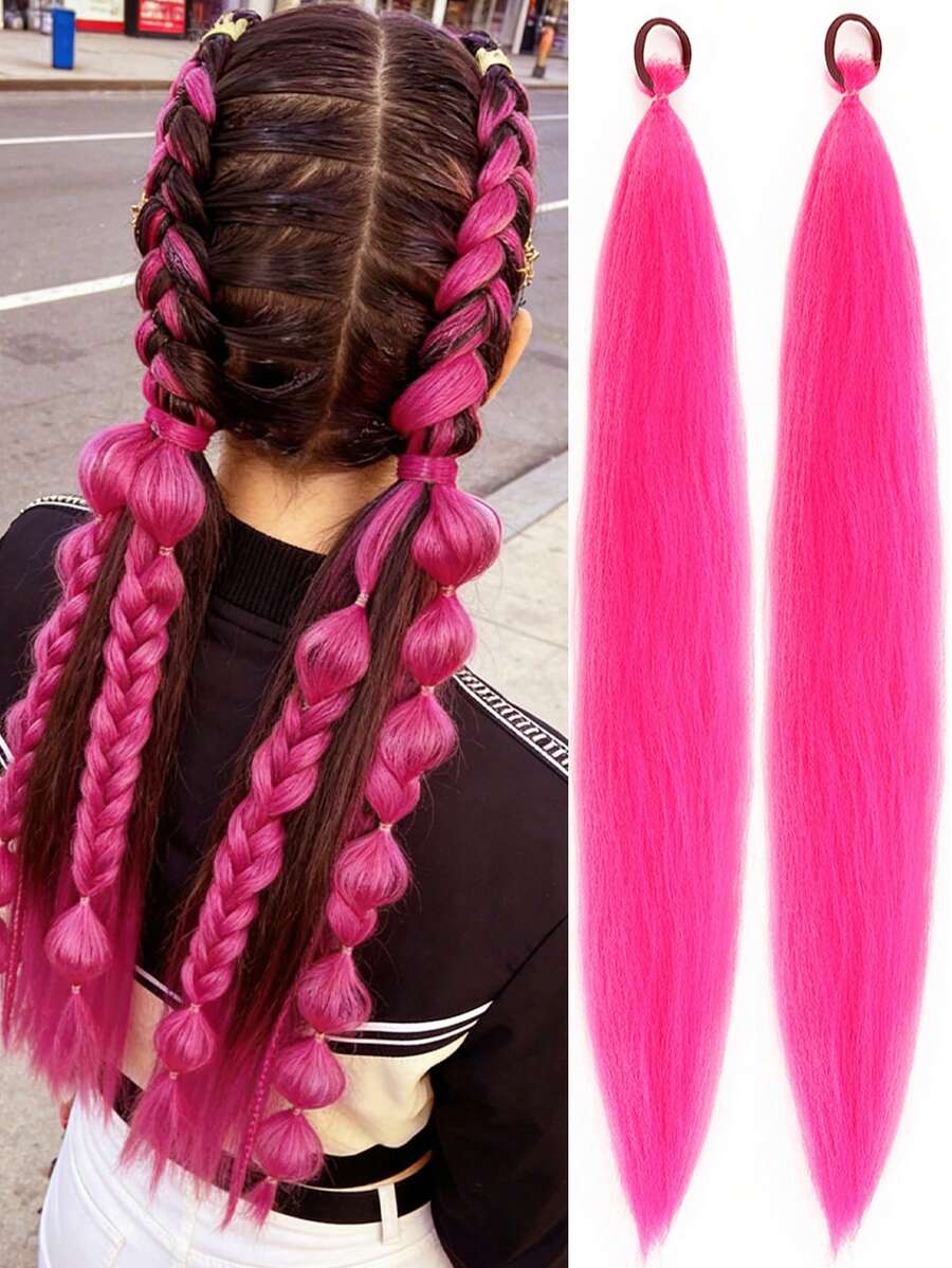 1-2 piezas Extensiones de cabello sintético rojo rosa de 26 pulgadas | Cabello lacio y esponjoso resistente al calor para coleta | Adecuado para Halloween, Navidad, fiestas