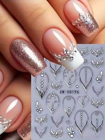 Adesivi per unghie con strass argentati 3D con punte di unghie tridimensionali lucenti, adesivi per unghie con linee francesi a forma di cuore e stella argentati, adesivi per unghie gioiello, adesivi per unghie con motivi geometrici circolari e totem, autoadesivi con motivi a cuore a forma di diamante e cielo stellato, decorazioni per unghie fai-da-te affascinanti, prodotti per unghie affascinanti per signore e ragazze