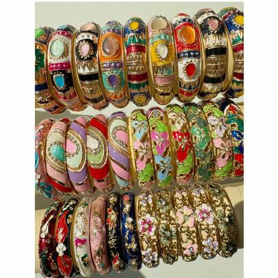 20/15/12/10/7/5/3/1pc Random Color Geometric Textured Vintage Elegant Luxury Palace Enamel Bangle Bracelets, Colorful Resin Stone Hollow Line Flower Butterfly Bracelets