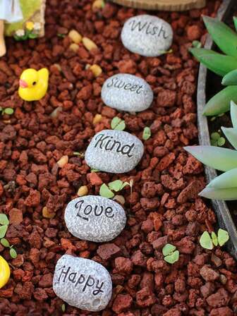 5pcs Mini Stone Decor Set, Fairy Garden Miniature Stone Decoration Set, Micro Landscape Set, Inspirational Text Stones, DIY Garden House Decor, Cute Planter Decorations
