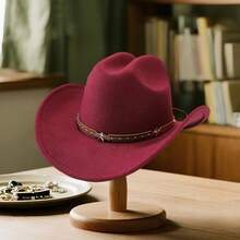 Western Style Cowgirl Cap Stylish Pentagram Leather Belt Decorated Wide Brimmed Fedora Hat For Men Women Outdoor Wear - Đỏ - Xem 2