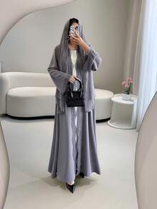 Áo Abaya cho nữ, Bộ Abaya & Hijab hai mảnh cho nữ: Màu trơn với viền họa tiết cắt laser, phong cách Trung Đông tinh tế và thanh lịch, chất liệu vải mềm mại - Lý tưởng cho các salon sang trọng trong nhà, trang phục mùa xuân và mùa thu, váy dự tiệc thanh lịch cho nữ. - Xám - Xem 3