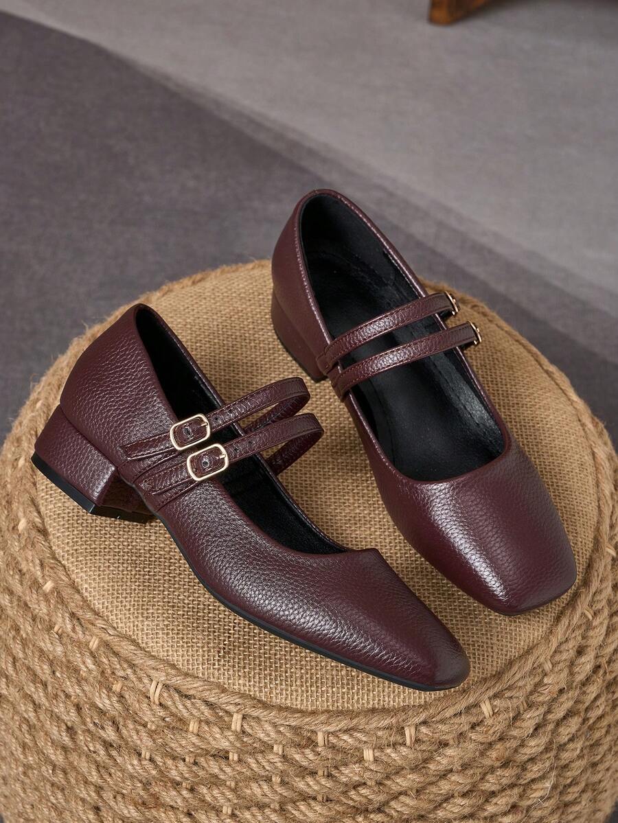 MonaNise Giày Mary Jane nữ gót thấp, đế bọc vải, cao 3cm, màu đen, đa năng, phối cùng các màu xanh navy, cà phê, đỏ tía, kiểu dáng thanh lịch. - Màu Đỏ Sâu - Xem 1