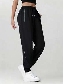 Pantalones casuales de mujer de secado rápido para exteriores, con cordón, cintura elástica - Negro - Ver 2