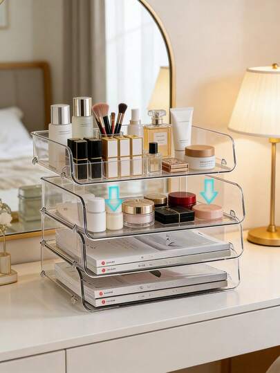 LINKOOL Organizador de archivos de escritorio transparente, caja de almacenamiento de exhibición de libros de acrílico para mesa de oficina, útiles escolares, de vuelta a la escuela