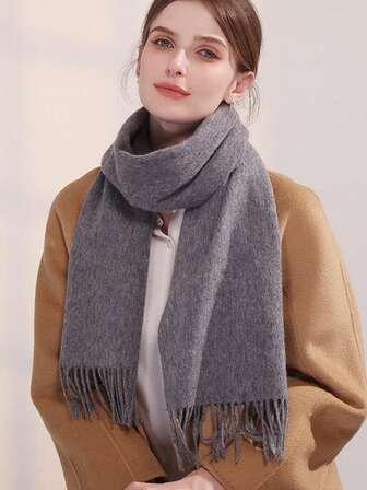 1pc Women's Gray Solid Color Faux Cashmere Long Narrow Scarf With Tassels, Simple & Fashionable Soft Shawl Wrap For Keeping Warm, Suitable For Spring, Summer, Autumn, Winter, Gift