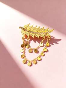 1pc Metal Rhinestone Inlaid Fashion Versatile Copper Tassel Leaf Gilded Hair Clip, Suitable For Middle Eastern Daily, Wedding, Party, Festival Wear, Bridal Accessories, Women Jewelry, New Year Gift - Yellow - View 1