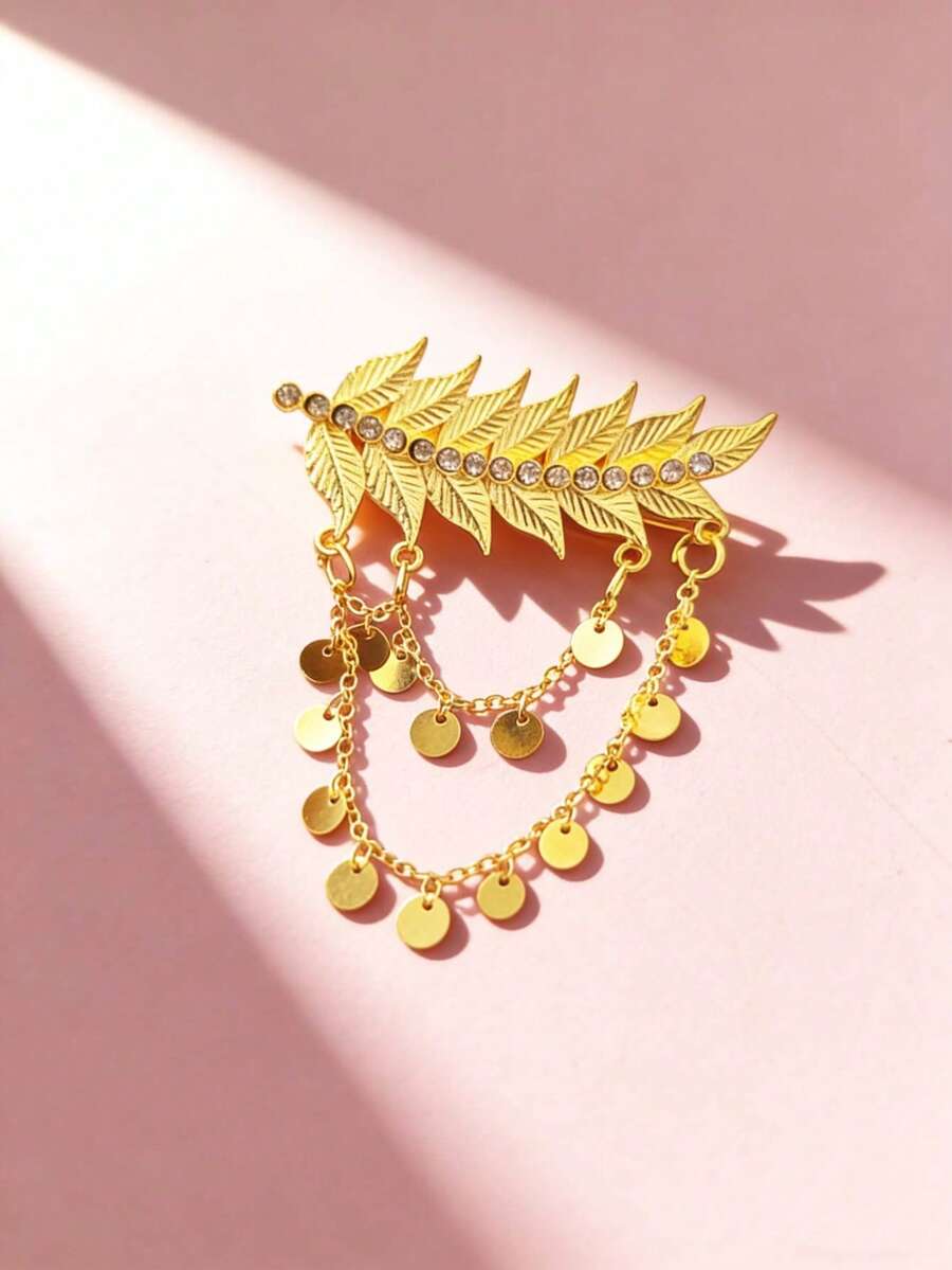 1pc Metal Rhinestone Inlaid Fashion Versatile Copper Tassel Leaf Gilded Hair Clip, Suitable For Middle Eastern Daily, Wedding, Party, Festival Wear, Bridal Accessories, Women Jewelry, New Year Gift - Yellow - View 1