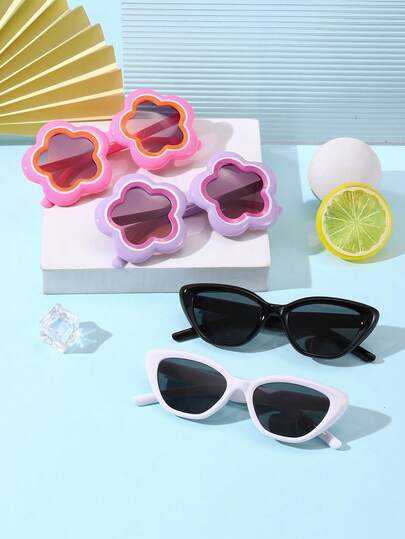 一套4副，男女童6-12岁聚碳酸酯猫眼花形镜框，酷炫甜美时尚，适合户外和派对佩戴