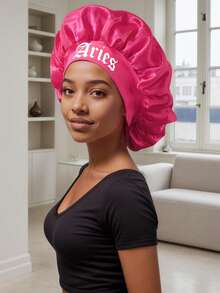 1 pieza Gorro impreso con 12 constelaciones Gorra personalizada de satén de ala ancha con elástico para el cabello rizado y liso (patrón de impresión aleatorio) - Rosa roja SM10-1 - Ver 10