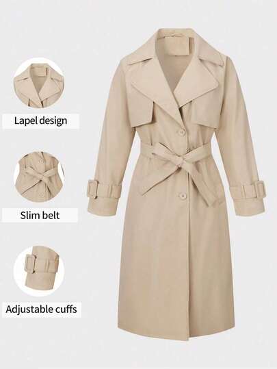 Women's Minimalist Long Windbreaker, Suitable For Spring And Autumn, With Belt And Pockets, Versatile For Various Occasions