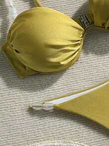 LUCKY HOLIDAY 2026春夏新款女士两件套泳衣，亮面面料，可拆卸衬垫文胸，钢圈设计，时尚性感夏季沙滩比基尼，适合海滩度假 - 青綠色 - 查看 6