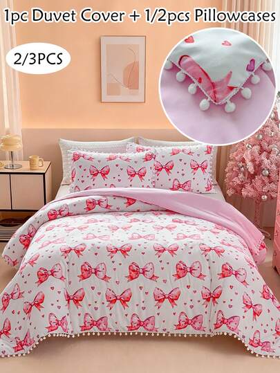 2/3 st. rosa rosettmönster i polyester med påslakanset och pompom-tofsar, sött modernt sängkläderset för alla årstider, barnflickor, mjukt, andningsbart, maskintvättbart, (1 påslakan + 1/2 örngott, utan fyllning)