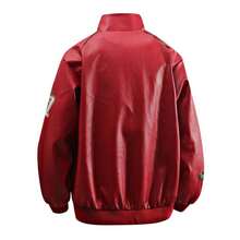 Men's Red Lightweight Leather Jacket - Stand Collar Zip-Up Graphic Print Patch Spring Autumn CasualCoat - Red - View 2