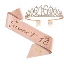 Elegant Rose Gold Sweet 16 Tiara And Sash Set Girls 16th Birthday Crown Gift - Multicolor - View 3