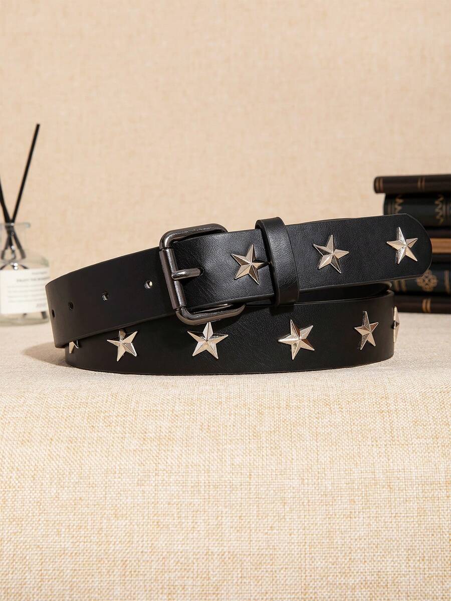 1pc Men's Black Y2K Punk Rivet Star Buckle Casual Jeans Belt, Versatile Accessory For Daily Wear - Black - View 1