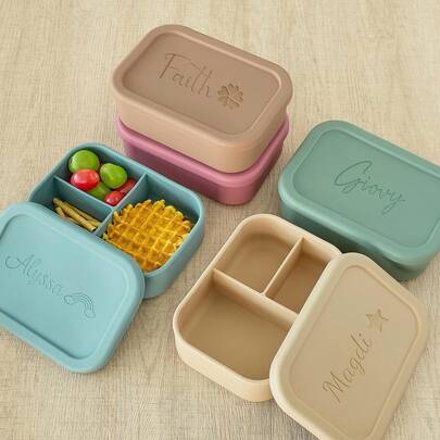 Personalized Silicone Lunch Box, Customizable Name Portable Bento Box, Essential For Back To School, Unisex, 3-Compartment Design, Convenient For Meal Storage, Suitable For Work, Study And Outdoor Carry, Space-Saving, Fashionable, Back To School Gift ,Travel Organizer