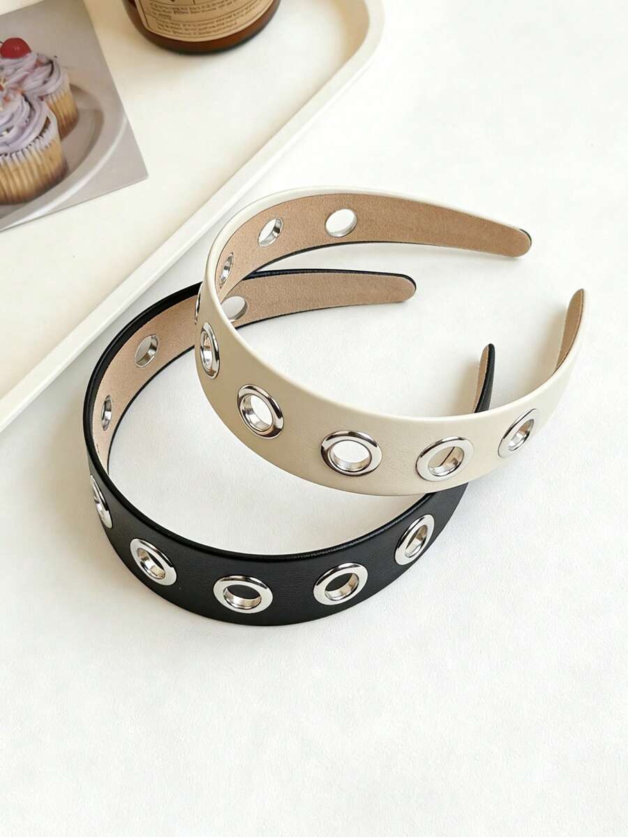 1pc Women's Elegant PU Leather Wide-Banded Metal Rivet Hollow Headband, Versatile Punk Rock Style For Daily Wear, Outings, Parties - Multicolor - View 1