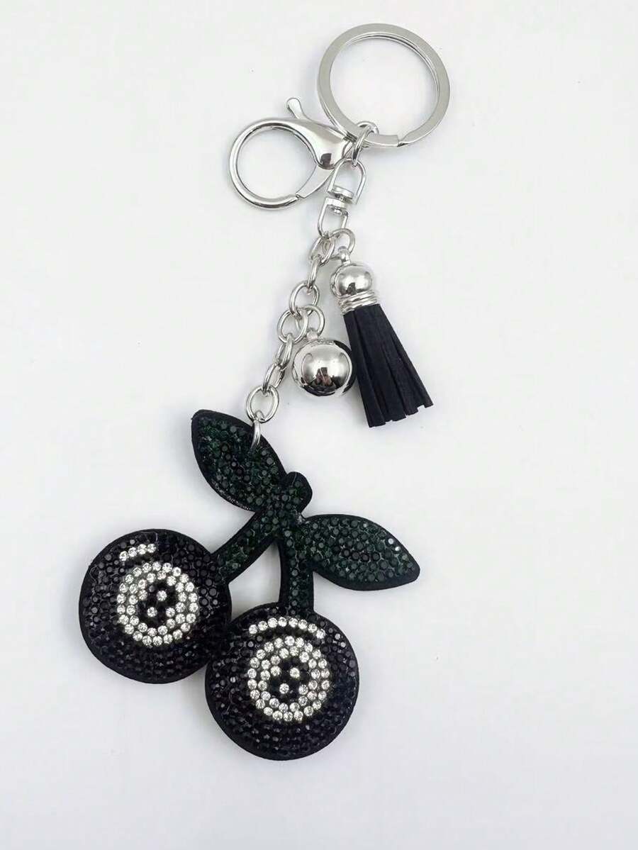 Llavero con dije de cereza con rhinestones, llavero con logotipo de bola de billar con cristales, dije de cuero - Multicolor - Ver 1