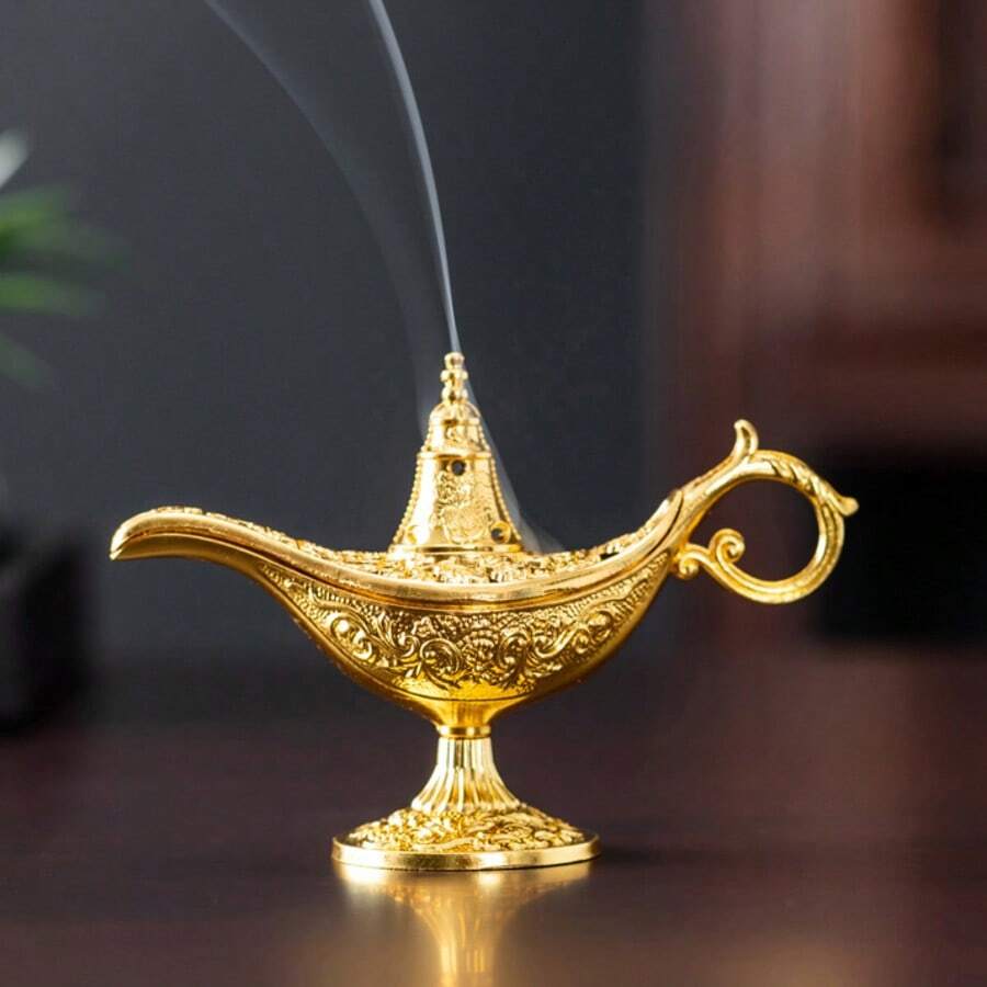 1pc Alloy Genie Lamp Incense Burner, Golden Tabletop Aromatherapy Diffuser, Middle Eastern Arabic Style Decor, Living Room Entryway TV Cabinet Decoration, Suitable For Islamic Festivals, Arabic Celebrations, Middle Eastern Party Supplies - Multicolor - View 1
