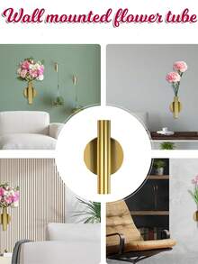 1pc Gold Wall Mounted Flower Tube, Adhesive Wall Hanging Floral Holder, Minimalist Open Tube Design For Home Office Living Room Bedroom Flowers Display. - Gold - View 5