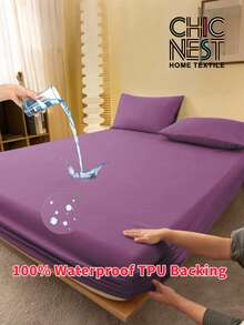 1pc Purple 100% Waterproof TPU Backing Plain Fitted Sheet, Dirtyproof Mattress Protector, Mattress Cover For Bed, Bed Sheet, Soft And Breathable, For All Size Bed -Twin, Full, King, Queen Size Sheet Deep Pocket Up To 11.8 Inch Sheet Bedspread Breathable Wrinkle-Free Better For Sleep, Machine Washable Dormitory Guest Room Dustproof Skin-Friendly Back School Bedding - Purple - View 1