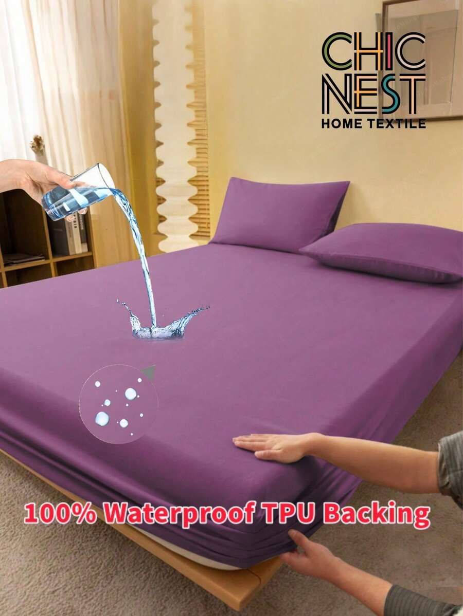 1pc Purple 100% Waterproof TPU Backing Plain Fitted Sheet, Dirtyproof Mattress Protector, Mattress Cover For Bed, Bed Sheet, Soft And Breathable, For All Size Bed -Twin, Full, King, Queen Size Sheet Deep Pocket Up To 11.8 Inch Sheet Bedspread Breathable Wrinkle-Free Better For Sleep, Machine Washable Dormitory Guest Room Dustproof Skin-Friendly Back School Bedding - Purple - View 1