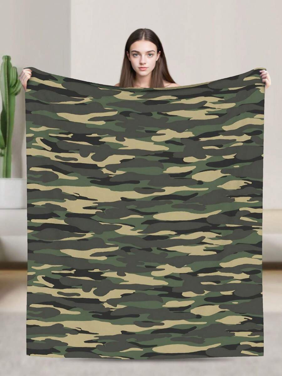 1pcs Soft Personalised Camouflage Merch Color Flannel Thick Blanket, Suitable For Sofa, Bed, Living Room, Travel, Office, Shawl, Nap Blanket, Air Conditioning Blanket, Bed Sheet, Camping, Ideal Gift, Daily Gift - Black - View 1