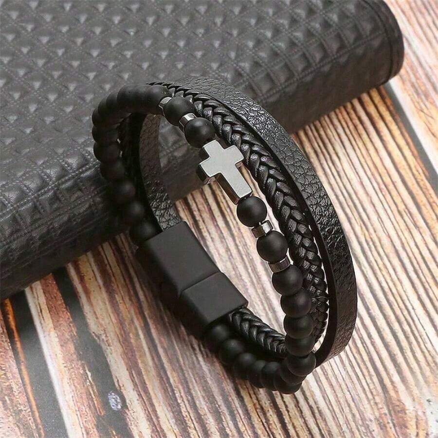 Men's Bracelet, Made Of PU Leather, With Black Obsidian Beads And Cross Pendant, Adjustable Wrap-Around Wristband, Rugged Vintage Bohemian Style, Suitable For Daily Wear, Casual Outings And Parties - Multicolor - View 1